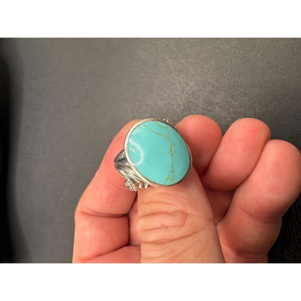 Vintage Southwestern Turquoise Oval Cut Filigree 925 Sterling Silver Ring Sz 7.5 - Picture 10 of 12
